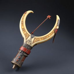 A unique medieval-style slingshot crafted from the horn of a centaur, featuring a mystic and powerful design