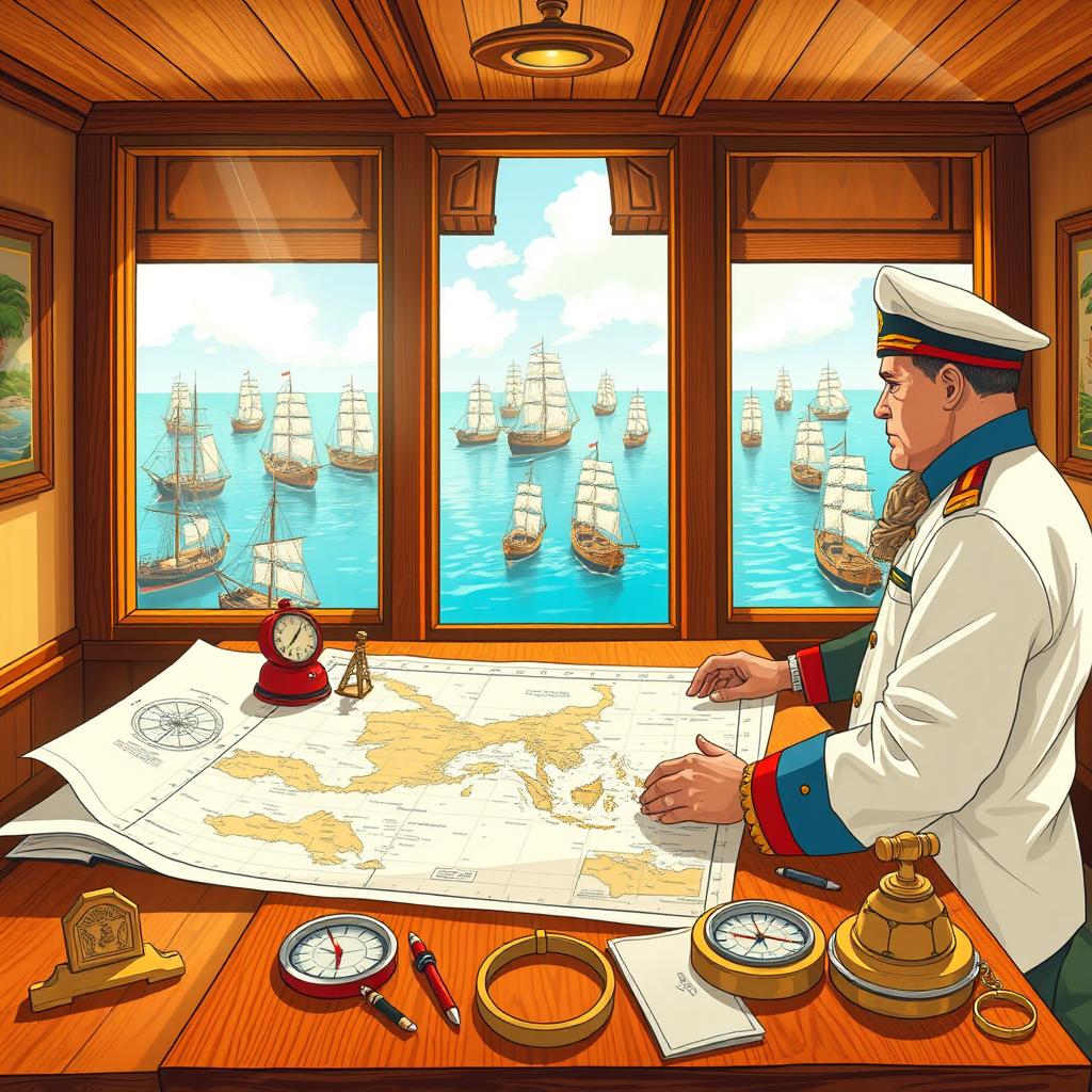 An intricate illustration showcasing the planning of a sea voyage in Indonesia