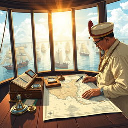 An intricate illustration showcasing the planning of a sea voyage in Indonesia