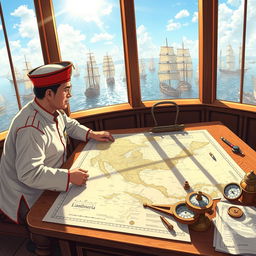 An intricate illustration showcasing the planning of a sea voyage in Indonesia