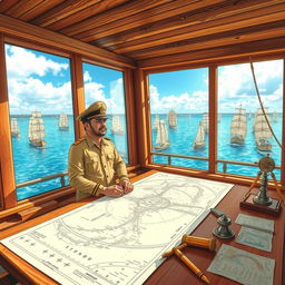 An intricate illustration showcasing the planning of a sea voyage in Indonesia