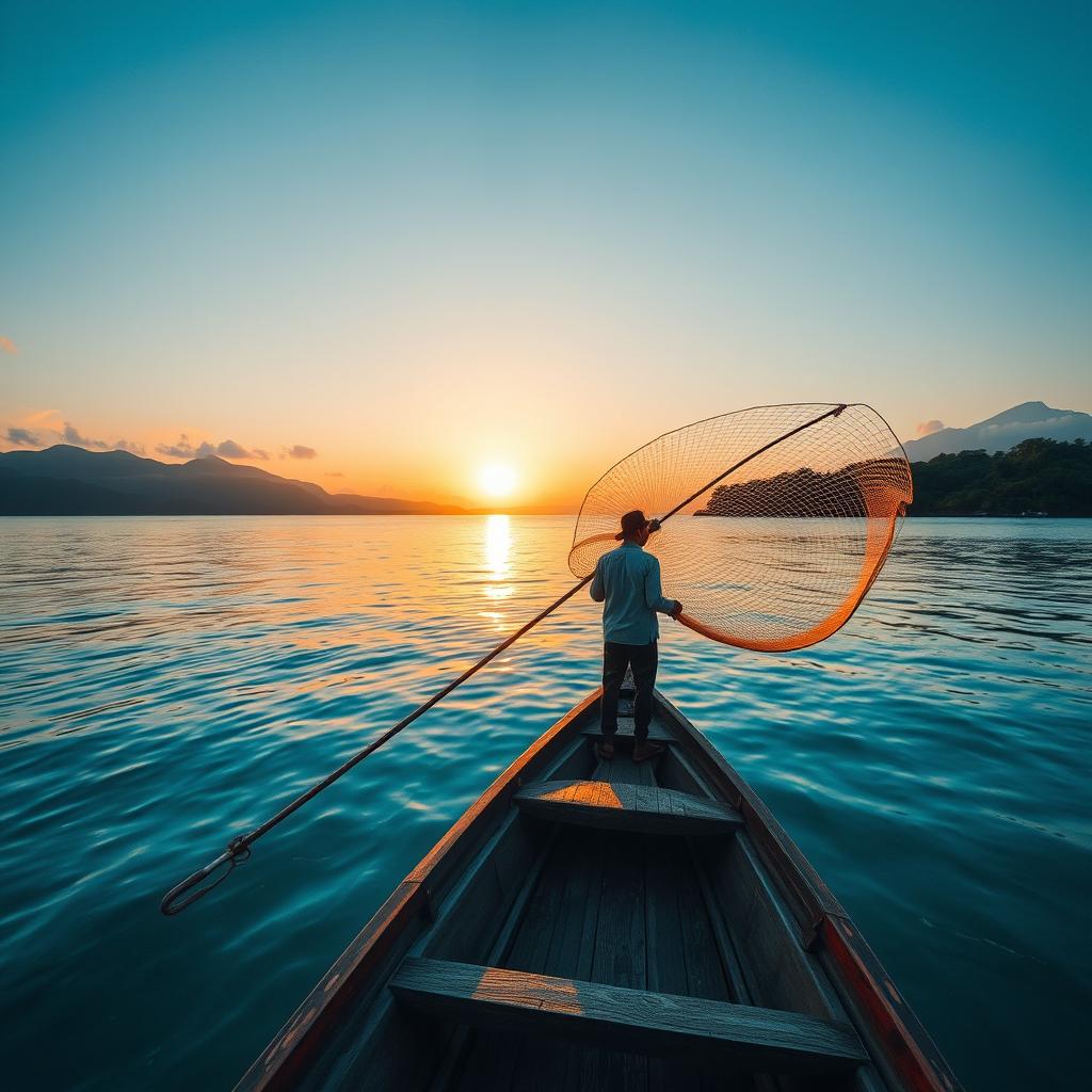 A captivating image of an Indonesian fisherman standing on a traditional wooden fishing boat at sunrise