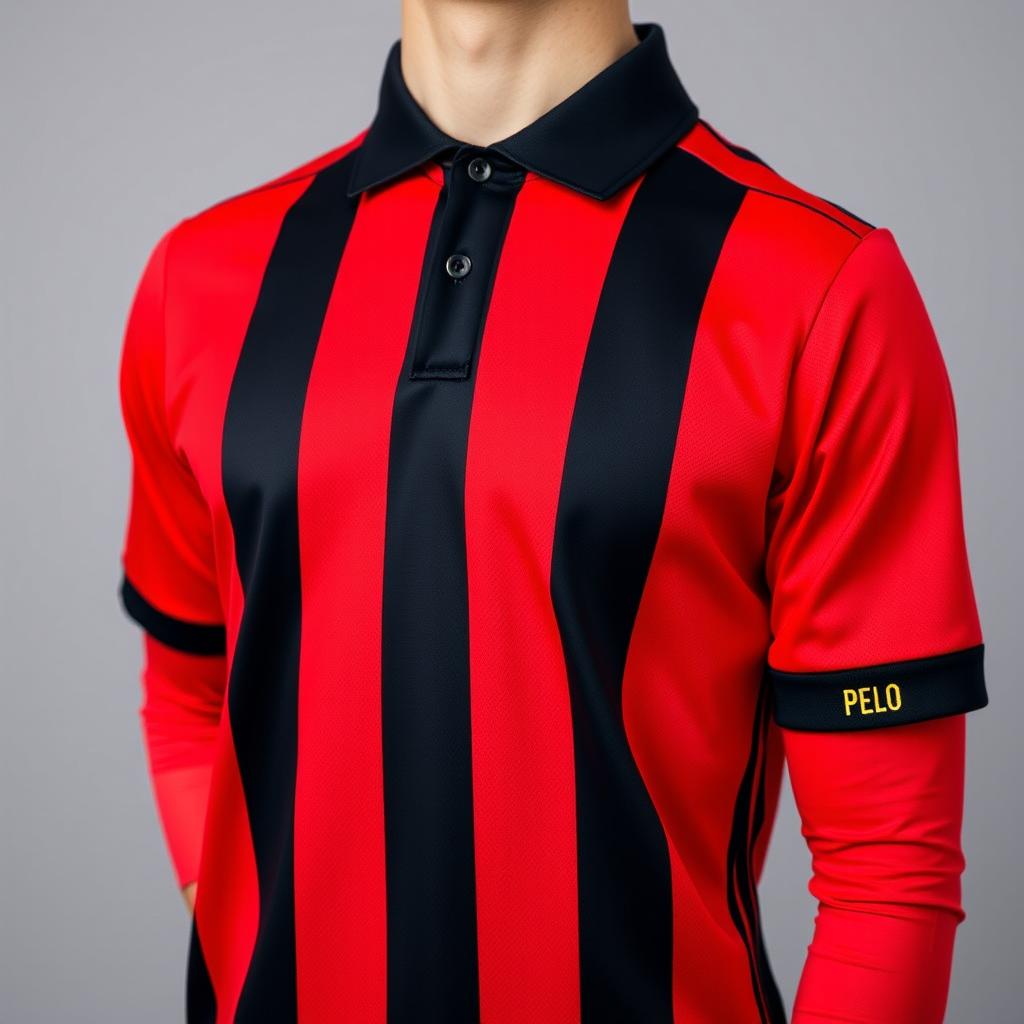 A vibrant red football jersey adorned with three vertical black stripes, exuding a bold and dynamic style