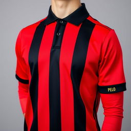 A vibrant red football jersey adorned with three vertical black stripes, exuding a bold and dynamic style