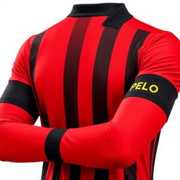 A vibrant red football jersey adorned with three vertical black stripes, exuding a bold and dynamic style