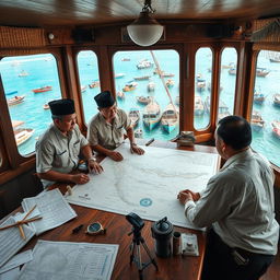 An intricate scene depicting the planning of a fishing vessel's voyage in Indonesia