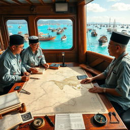 An intricate scene depicting the planning of a fishing vessel's voyage in Indonesia