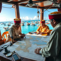 An intricate scene depicting the planning of a fishing vessel's voyage in Indonesia