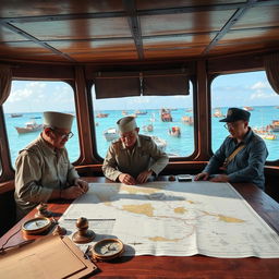 An intricate scene depicting the planning of a fishing vessel's voyage in Indonesia