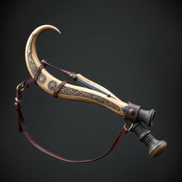 A unique medieval-style slingshot crafted from the horn of a centaur, featuring a mystic and powerful design