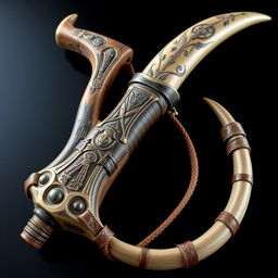 A unique medieval-style slingshot crafted from the horn of a centaur, featuring a mystic and powerful design