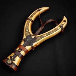 A unique medieval-style slingshot crafted from the horn of a centaur, featuring a mystic and powerful design