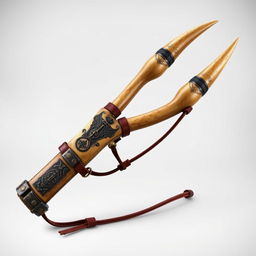 A unique medieval-style slingshot crafted from two horns of a centaur, featuring a mystic and powerful design