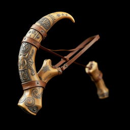 A unique medieval-style slingshot crafted from two horns of a centaur, featuring a mystic and powerful design