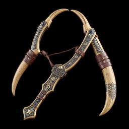 A unique medieval-style slingshot crafted from two horns of a centaur, featuring a mystic and powerful design