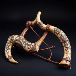 A unique medieval-style slingshot crafted from two horns of a centaur, featuring a mystic and powerful design