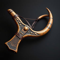 A unique medieval-style slingshot crafted from two horns of a centaur, featuring a mystic and powerful design