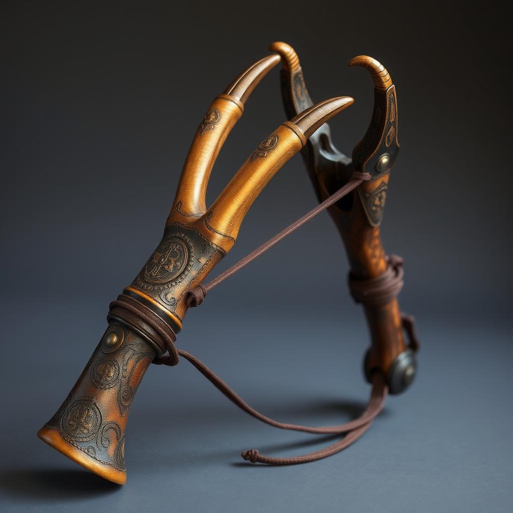 A unique medieval-style slingshot crafted from two horns of a centaur, featuring a mystic and powerful design