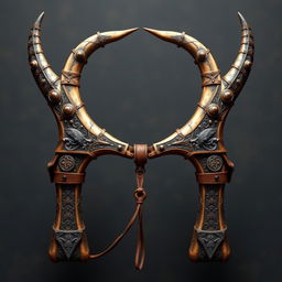 A unique medieval-style slingshot crafted from two horns of a centaur, featuring a mystic and powerful design