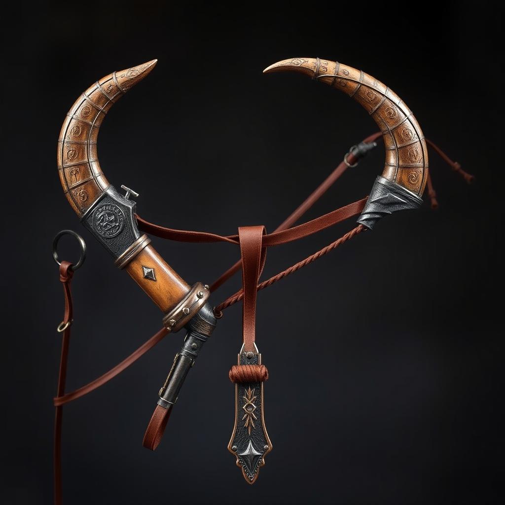 A unique medieval-style slingshot crafted with two centaur horns as supports, featuring a mystic and powerful design