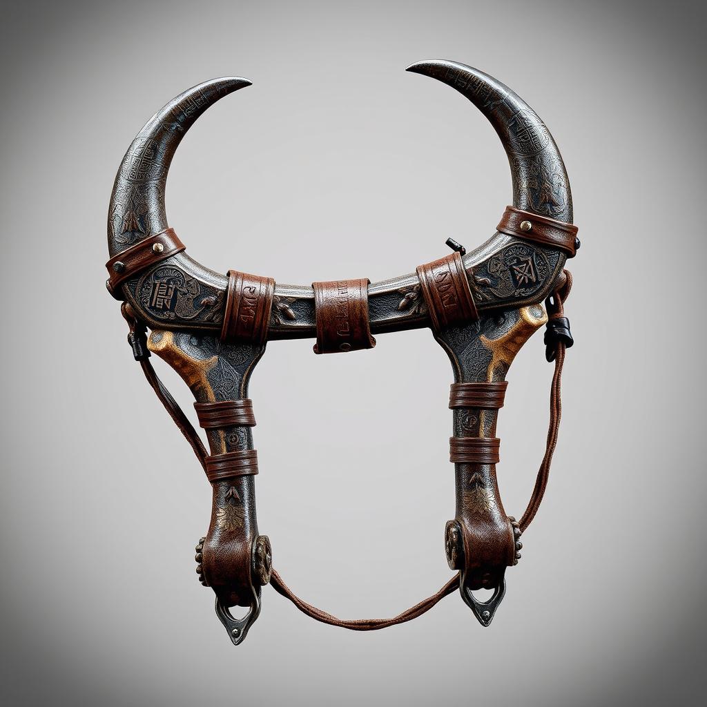 A unique medieval-style slingshot using two centaur horns as supports, reinforced for enhanced strength and durability
