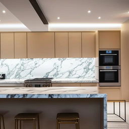 Luxurious, modern kitchen with high-end appliances, marble countertops, and uniquely designed lighting