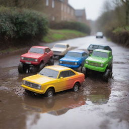 Overflowing with energy and vibrancy, an array of multicoloured remote-controlled cars splashing through gleaming puddles and muddy terrains on a rainy day.