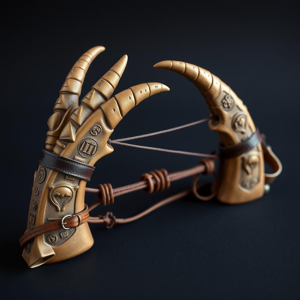A unique medieval-style slingshot featuring two centaur horns as supports, adorned with an elastic band for launching