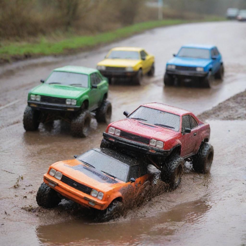 Overflowing with energy and vibrancy, an array of multicoloured remote-controlled cars splashing through gleaming puddles and muddy terrains on a rainy day.