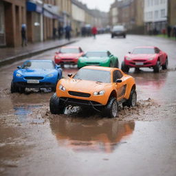 Overflowing with energy and vibrancy, an array of multicoloured remote-controlled cars splashing through gleaming puddles and muddy terrains on a rainy day.