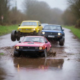 Overflowing with energy and vibrancy, an array of multicoloured remote-controlled cars splashing through gleaming puddles and muddy terrains on a rainy day.