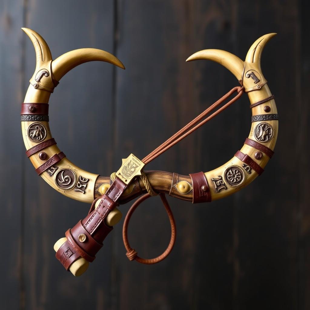 A medieval-style slingshot crafted using two centaur horns as supports, with a robust elastic band stretched between the tips