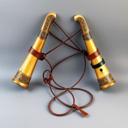 A medieval-style slingshot crafted using two centaur horns as supports, with a robust elastic band stretched between the tips