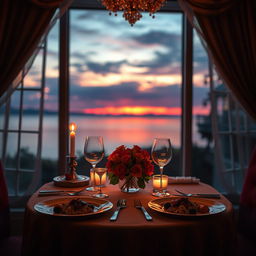 An intimate and romantic dinner setting with soft candlelight casting a warm glow, a table set for two with gourmet dishes, wine glasses, and a bouquet of roses