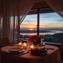 An intimate and romantic dinner setting with soft candlelight casting a warm glow, a table set for two with gourmet dishes, wine glasses, and a bouquet of roses