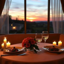 An intimate and romantic dinner setting with soft candlelight casting a warm glow, a table set for two with gourmet dishes, wine glasses, and a bouquet of roses