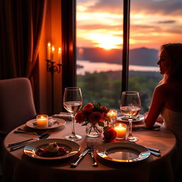 An intimate and romantic dinner setting with soft candlelight casting a warm glow, a table set for two with gourmet dishes, wine glasses, and a bouquet of roses