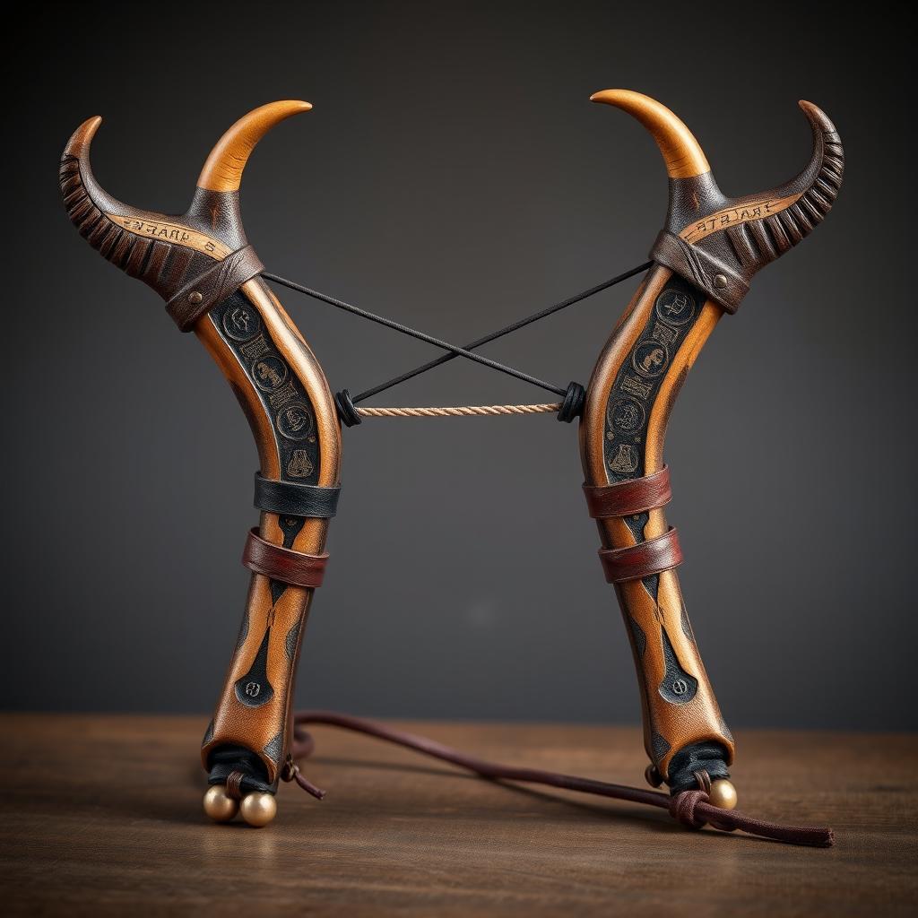 A medieval-style slingshot crafted with two centaur horns as supports, featuring a strong elastic band stretched between the tips