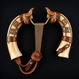 A medieval-style slingshot crafted with two centaur horns as supports, featuring a strong elastic band stretched between the tips