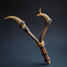 A medieval-style slingshot crafted with two centaur horns as supports, featuring a strong elastic band stretched between the tips