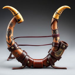 A medieval-style slingshot crafted with two centaur horns as supports, featuring a strong elastic band stretched between the tips