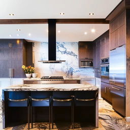 Luxurious, modern kitchen with high-end appliances, marble countertops, and uniquely designed lighting