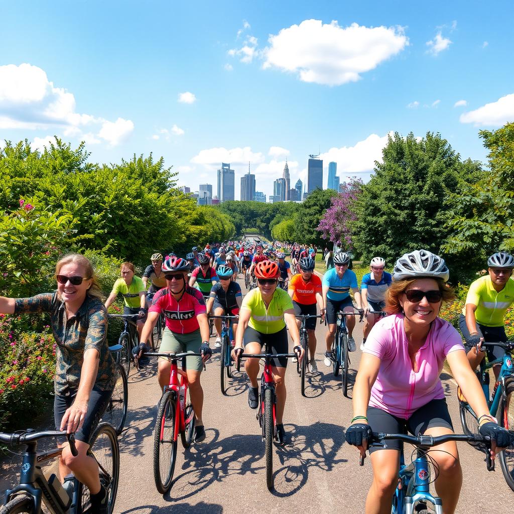 A vibrant community of cyclists on a sunny day, riding through an urban park filled with lush greenery and flowers