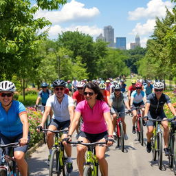 A vibrant community of cyclists on a sunny day, riding through an urban park filled with lush greenery and flowers