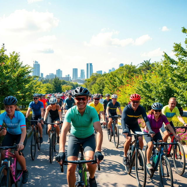 A vibrant community of cyclists on a sunny day, riding through an urban park filled with lush greenery and flowers