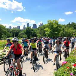 A vibrant community of cyclists on a sunny day, riding through an urban park filled with lush greenery and flowers