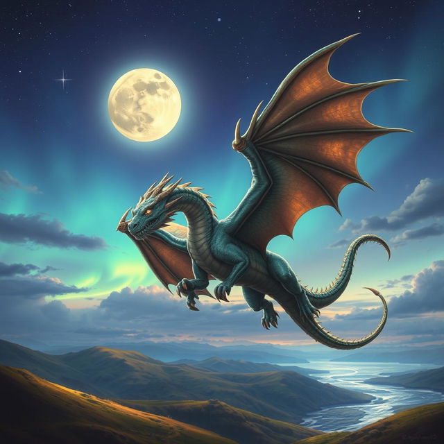 A majestic, fantastical dragon known as Magozer soaring through a twilight sky, its iridescent scales glimmering under the moonlight