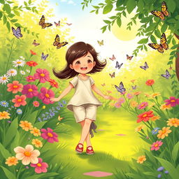 A serene and whimsical illustration of a young girl wearing casual summer attire, playing joyfully in a lush, green garden filled with vibrant flowers and butterflies under the warm sun