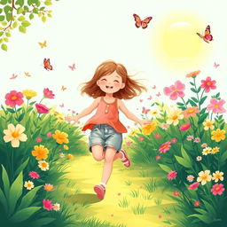 A serene and whimsical illustration of a young girl wearing casual summer attire, playing joyfully in a lush, green garden filled with vibrant flowers and butterflies under the warm sun