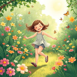 A serene and whimsical illustration of a young girl wearing casual summer attire, playing joyfully in a lush, green garden filled with vibrant flowers and butterflies under the warm sun